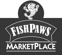 Logo of Fish Paws Marketplace with a stylized fish character on a black background
